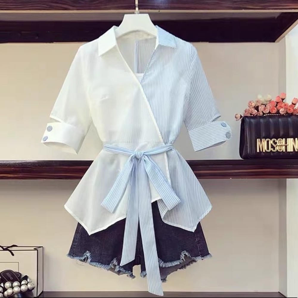 New-Blue & withe strip Blouse top- never wear